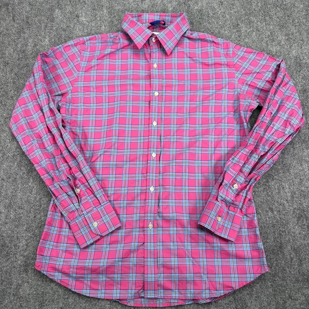 Teddy Stratford Shirt Men's 4 Large Pink Blue Zip Plaid Hidden Zipper Button Up